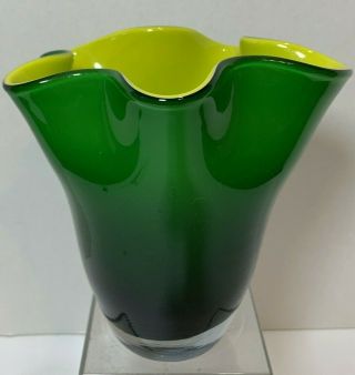 Art Glass Green & Yellow Hand - Blown Ruffled Handkerchief 6 " Vase Bowl Modern