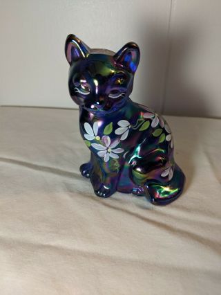 Fenton Iridescent Cobalt Blue Glass Hand Painted Cat Figure W/ Flowers,  Purple