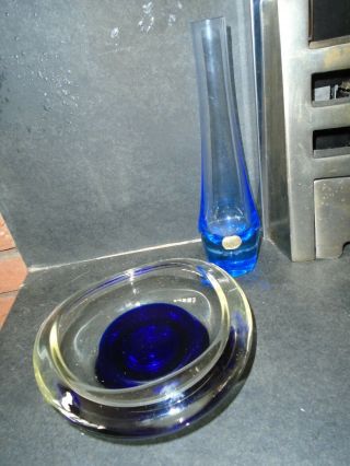 Bohemian Czech Art Glass Blue Vase,  Blue/clear Heavy Glass Dish
