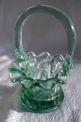 Vtg Fenton Sea Green Glass Mini/miniature Basket - Ruffled Crimped Top - - 4.  5 "