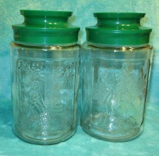 2 Vintage Anchor Hocking Glass Jars Seasons Autumn Winter Green Plastic Lids