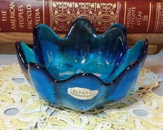 Vintage Blenko Cobalt Blue Handcraft Art Glass 8 Petal Bowl Dish