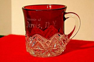 VINTAGE RUBY RED GLASS CUP,  SOUVENIR OF PORT JERVIS,  YORK 2