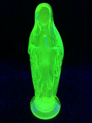 Green Vaseline Glass Madonna Doll Figurine Uranium Catholic Religious Mary Glows