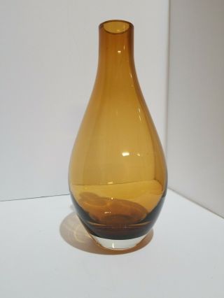 Hand Blown Art Glass Amber 9 " Tall Vase Clear Base