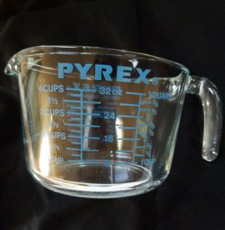 Vintage 523 - O 1 Quart 4 Cup Pyrex Blue Letter Measuring Cup Useful Equivalents