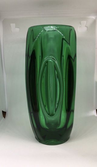 Vintage Large Green Sklo Union Bullet / Lens Vase By Rudolph Schrotter 8 Inch.