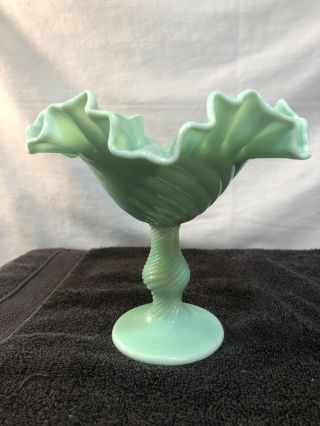 Vintage Fenton Light Green Swirl Glass Pedestal Ruffled Edge Candy Dish