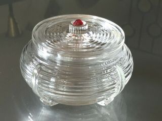 Vtg Art Deco Manhattan Depression Glass Powder Jar/trinket Box W/ Red Rhinestone