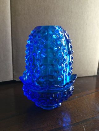 Vintage Fenton Art Glass Blue Hobnail Fairy Tealight Candle Holder Lamp Unsigned