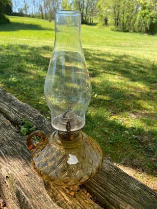 Vintage Fenton Amber Diamond Optic Glass Courting Finger Oil Hurricane Lamp