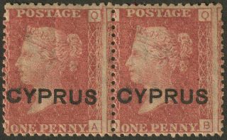 Cyprus 1880 Qv Overprint On Gb 1d Red Plate 216 Pair Sg2 Cat £48