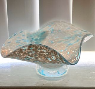 Studio Hand Blown Art Glass Blue And White Spatter Glass Bowl Signed By Artist