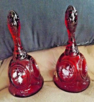 2 Ruby Red Fenton Hand Painted Bells On With No Dingier