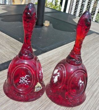 2 Ruby Red Fenton Hand Painted Bells On with No Dingier 2