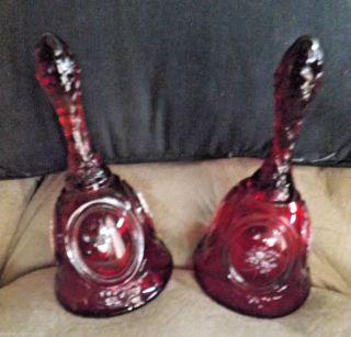 2 Ruby Red Fenton Hand Painted Bells On with No Dingier 3