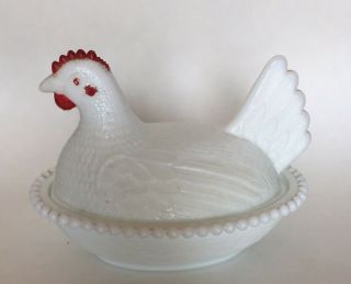 Vintage Indiana Glass Milk Glass Hen Chicken Rooster On Nest Covered Dish Bowl