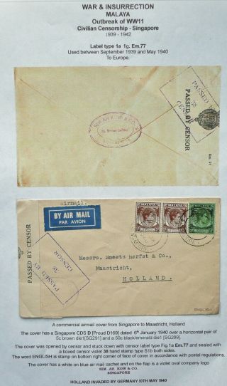 Malaya 6 Jan 1940 Censored Airmail Cover From Singapore To Maastricht,  Holland