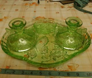 Vintage Sowerby Pressed Green Glass Butterfly Set.  1 Tray 2 Candlesticks 1 Dish.