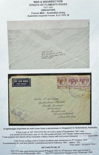 Malaya 9 Sep 1941 Airmail Cover From Aif F.  P.  O No.  19,  Singapore To Australia