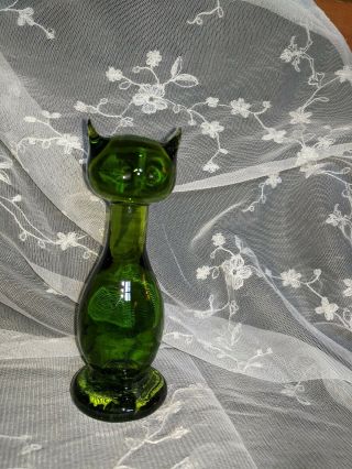 Vintage Hand Blown Art Glass Cat Figurine Mid - Century Modern Olive Green.