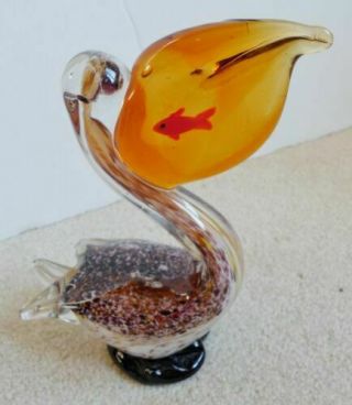 Blown Glass Pelican Holding Fish In Bag Under Beak Figurine Decoration