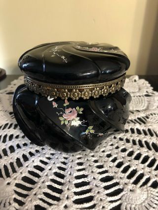 Fenton Art Glass Black Wave Crest Powder Box With Hand - Painted Roses