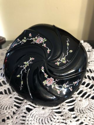 Fenton Art Glass Black Wave Crest Powder Box WIth Hand - Painted Roses 2