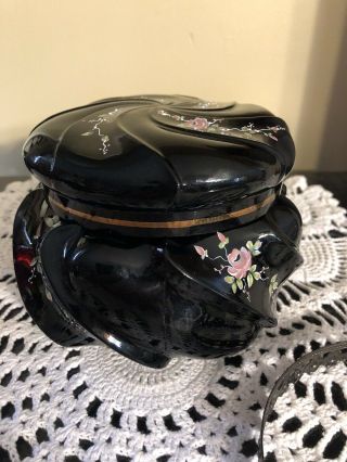 Fenton Art Glass Black Wave Crest Powder Box WIth Hand - Painted Roses 3