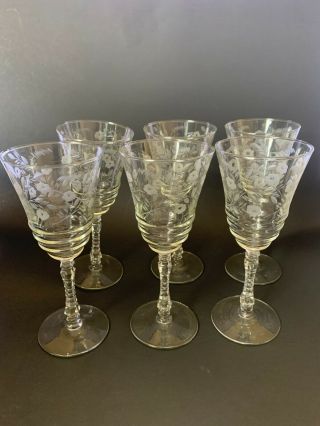 6 Vintage Antique 7 3/4 " Etched Crystal Long Stemmed Wine Glasses Estate Find