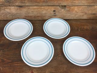 Set Of 4 Vintage Pyrex Blue Stripe Salad Plate Restaurant Ware 7 Inch Milk Glass