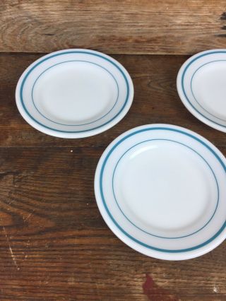 Set of 4 Vintage Pyrex Blue Stripe Salad Plate Restaurant Ware 7 inch Milk Glass 2