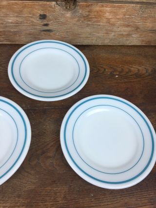 Set of 4 Vintage Pyrex Blue Stripe Salad Plate Restaurant Ware 7 inch Milk Glass 3
