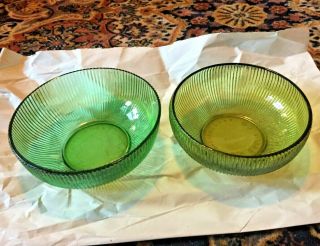 2 Vintage E.  O.  Brody Emerald Green Vertical Ribbed Shallow Glass Bowl Vase