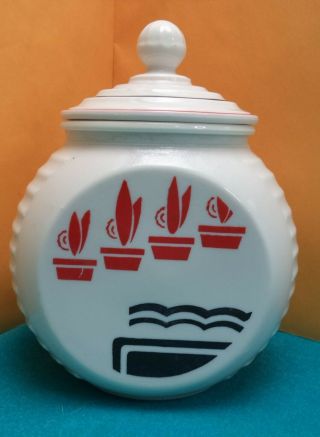 Vtg Anchor Hocking Fire King Vitrock " Red Flower Pot " Grease Jar & Striped Lid 3
