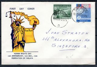 Malaya Malaysia 1958 Human Rights Day Fdc First Day Cover With Singapore Cds