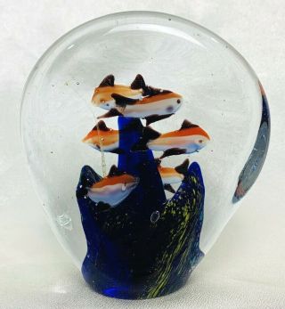 Hand Blown Glass Paperweight With Fish Swimming In A Coral Reef Beauiful Colors