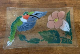 Peggy Karr Humming Bird Fused Art Glass Rectangle Plate Signed And Engraved