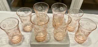 Vtg.  Pink Depression Glass Cut Flower Circles,  Straight Optic Tumblers - Set of 8 3