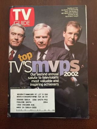 Tv Guide March 9 - 15,  2002 Dan Rather,  Tom Brokaw,  Peter Jennings Tv 