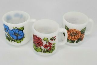 3 Vintage Glasbake Language Of Flowers Milk Glass Mugs Zinnia Geranium Morning.