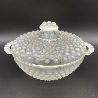 Vtg Moonstone Opalescent Hobnail Handle Candy Dish Covered Glass