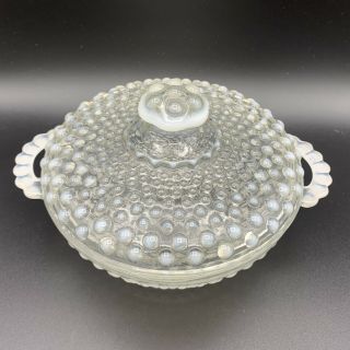 Vtg Moonstone Opalescent Hobnail Handle Candy Dish Covered Glass 2