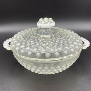 Vtg Moonstone Opalescent Hobnail Handle Candy Dish Covered Glass 3