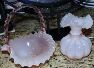 Vintage Fenton (pink) Rose Overlay Melon Ruffled Tops Handled Basket & Vase