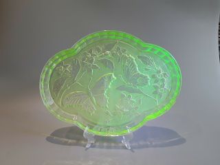Vintage Soweby Frosted Uranium Glass Tray Butterflies Vgc.