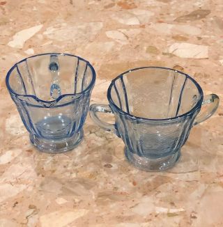 Vintage Federal Glass Madrid Depression Blue Glass Sugar Bowl & Creamer
