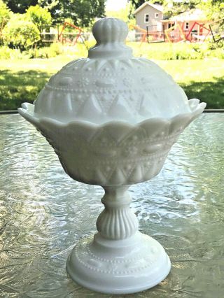 Vintage Milk Glass Covered Candy Dish With Pedestal Base 9 " Tall 6 1/2 " Wide