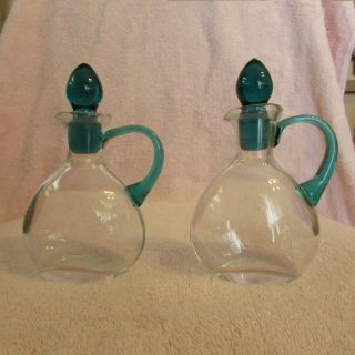 Vintage Hand Blown Clear Glass Cruet Decanter With Emerald Green Stopper Italy