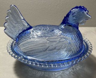 VINTAGE INDIANA GLASS BLUE HEN ROOSTER ON NEST COVERED CANDY NUT DISH 2